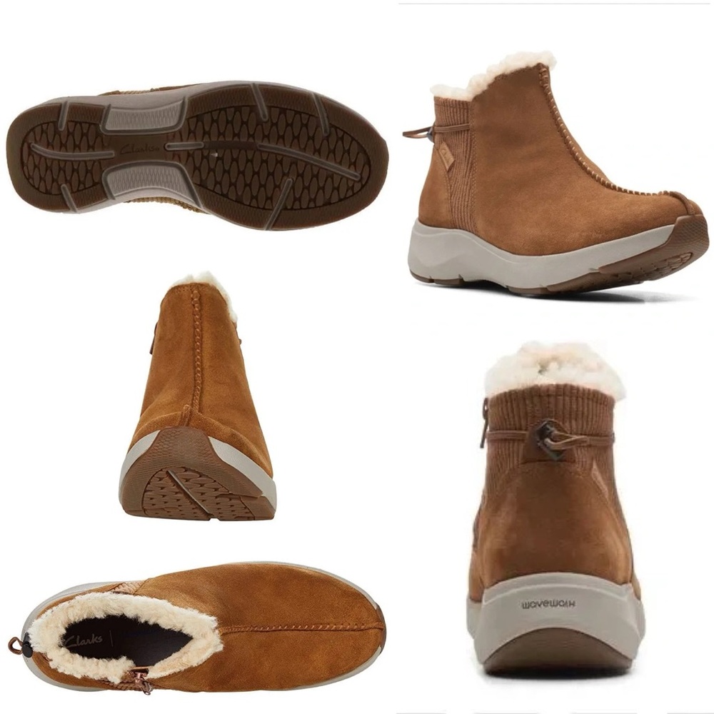Clarks Wave 2.0 Alp Tan Suede Sherpa Ankle Boots for women in size 6.5 NWOB